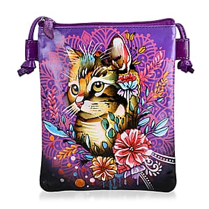 Vivid by Sukriti Blue Cat Pattern Hand Painted Genuine Leather Crossbody Bag