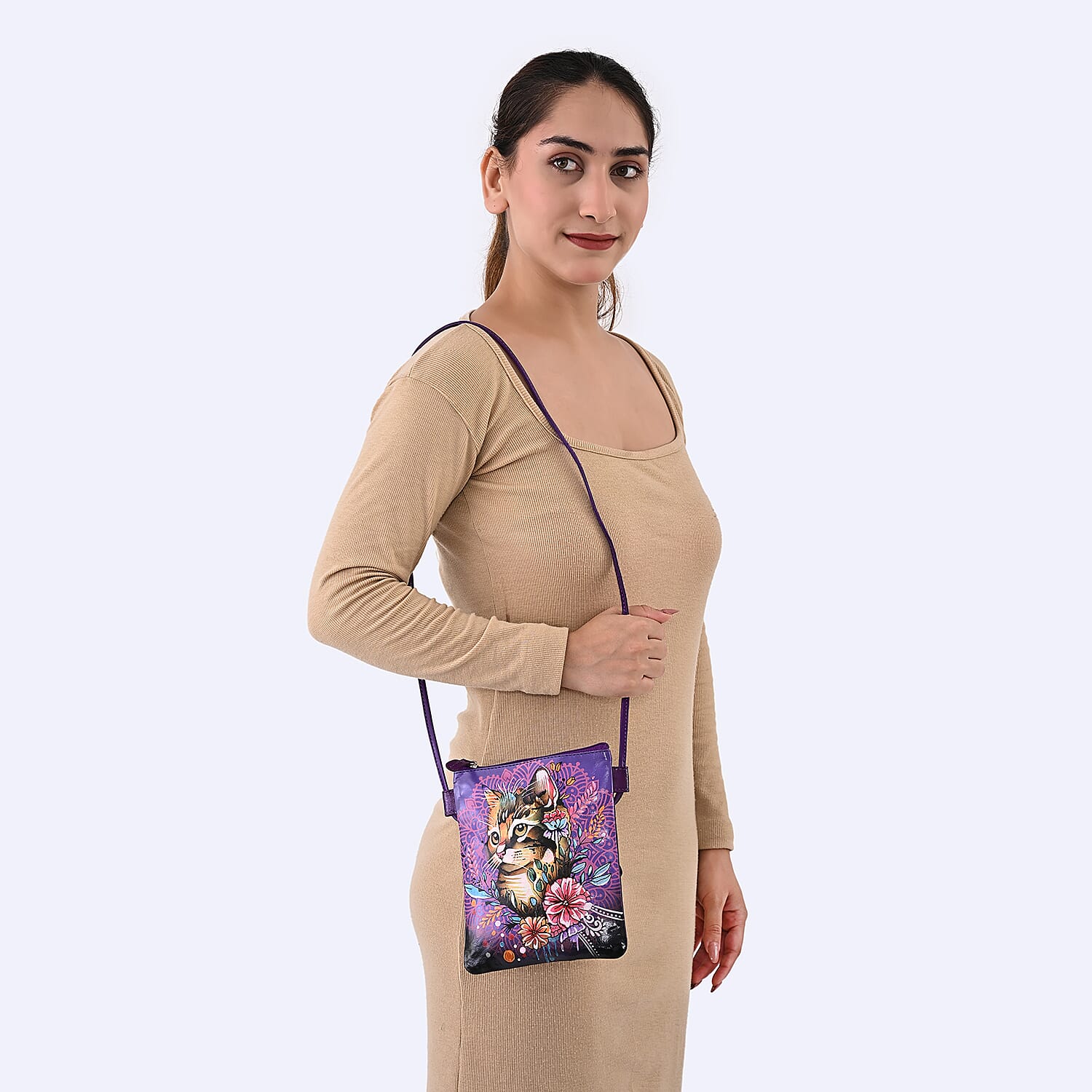 Vivid by Sukriti Blue Cat Pattern Hand Painted Genuine Leather Crossbody Bag