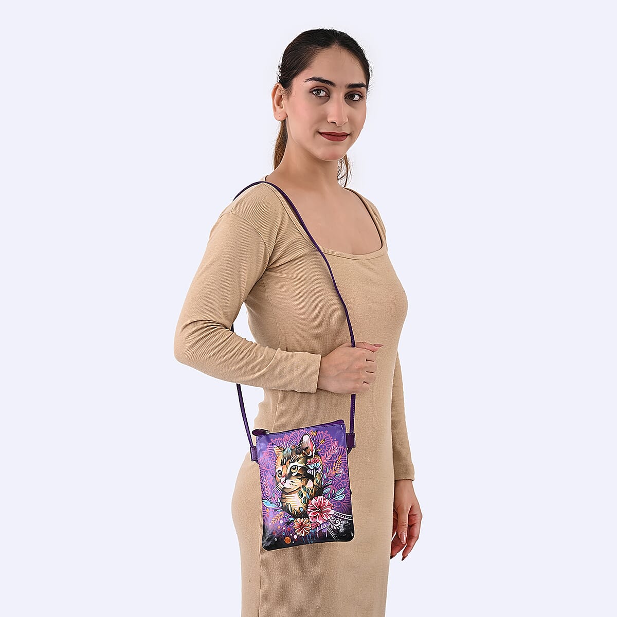 Vivid by Sukriti Blue Cat Pattern Hand Painted Genuine Leather Crossbody Bag image number 1
