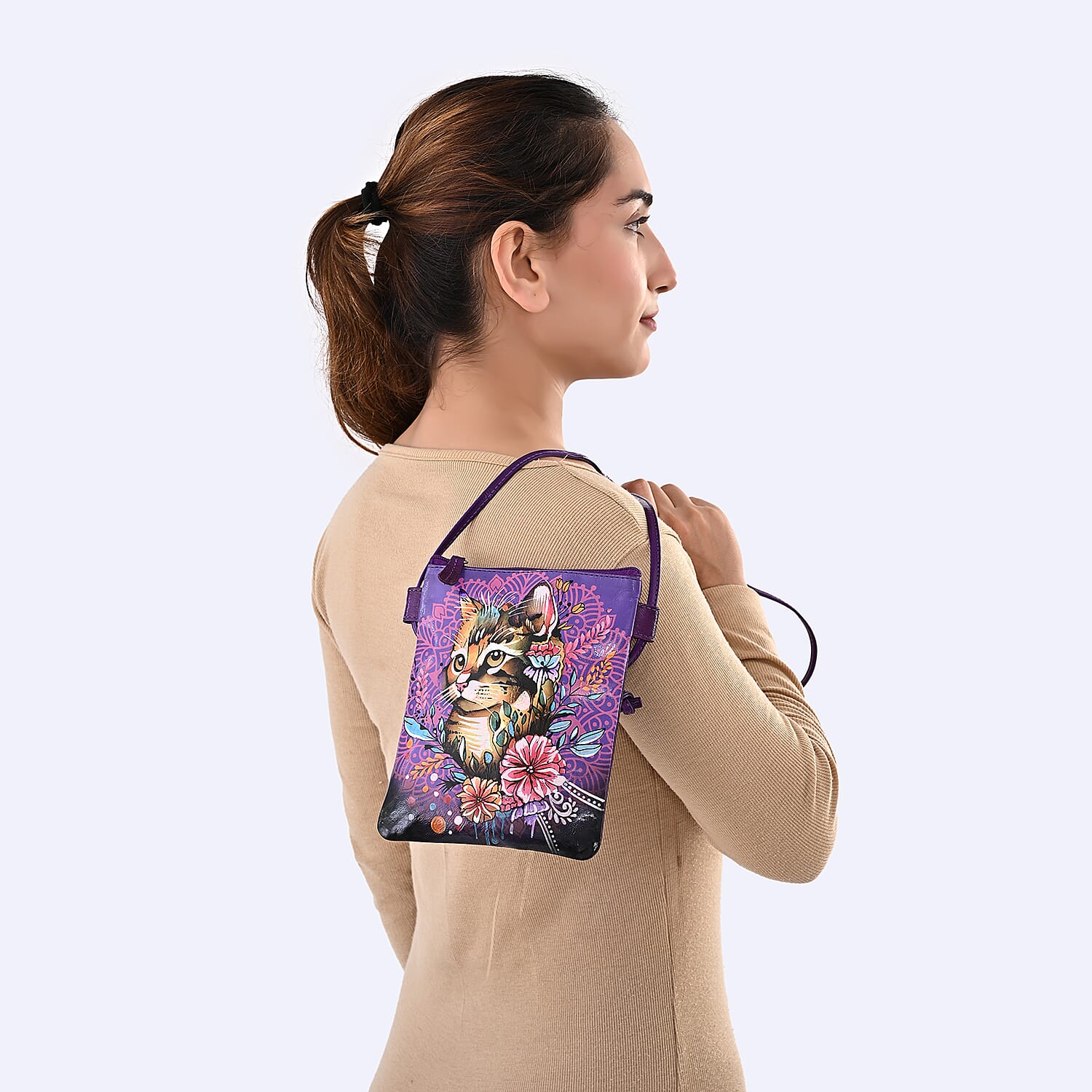 Vivid by Sukriti Blue Cat Pattern Hand Painted Genuine Leather Crossbody Bag