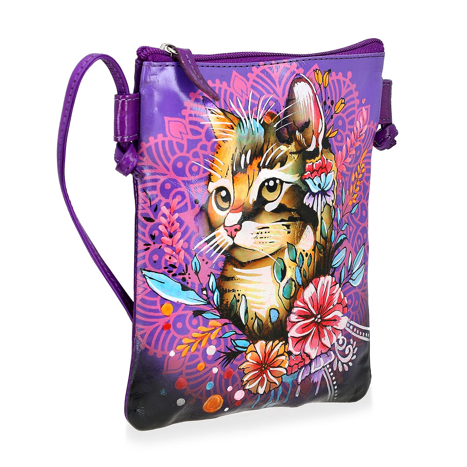 Vivid by Sukriti Blue Cat Pattern Hand Painted Genuine Leather Crossbody Bag
