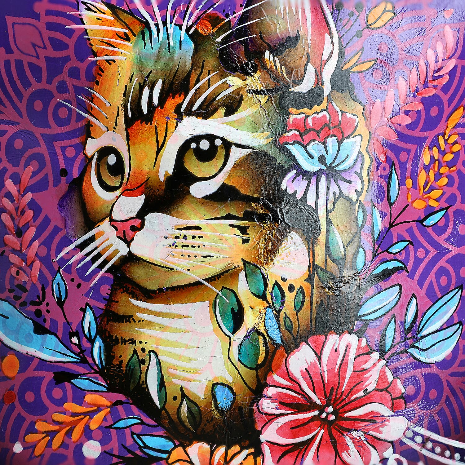 Vivid by Sukriti Blue Cat Pattern Hand Painted Genuine Leather Crossbody Bag