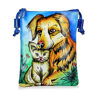 Vivid by Sukriti Blue Dog Pattern Hand Painted Genuine Leather Crossbody Bag