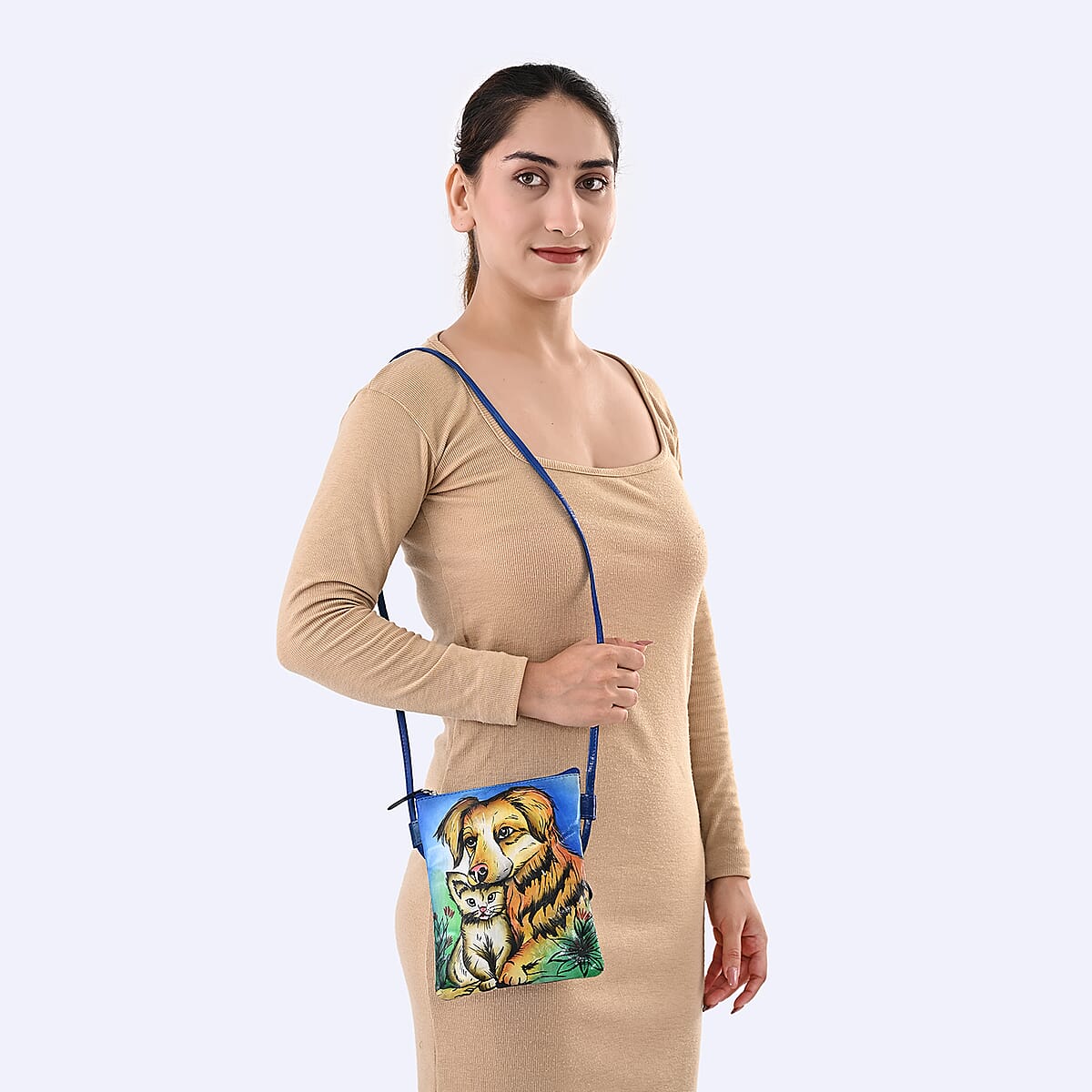 Vivid by Sukriti Blue Dog Pattern Hand Painted Genuine Leather Crossbody Bag image number 1