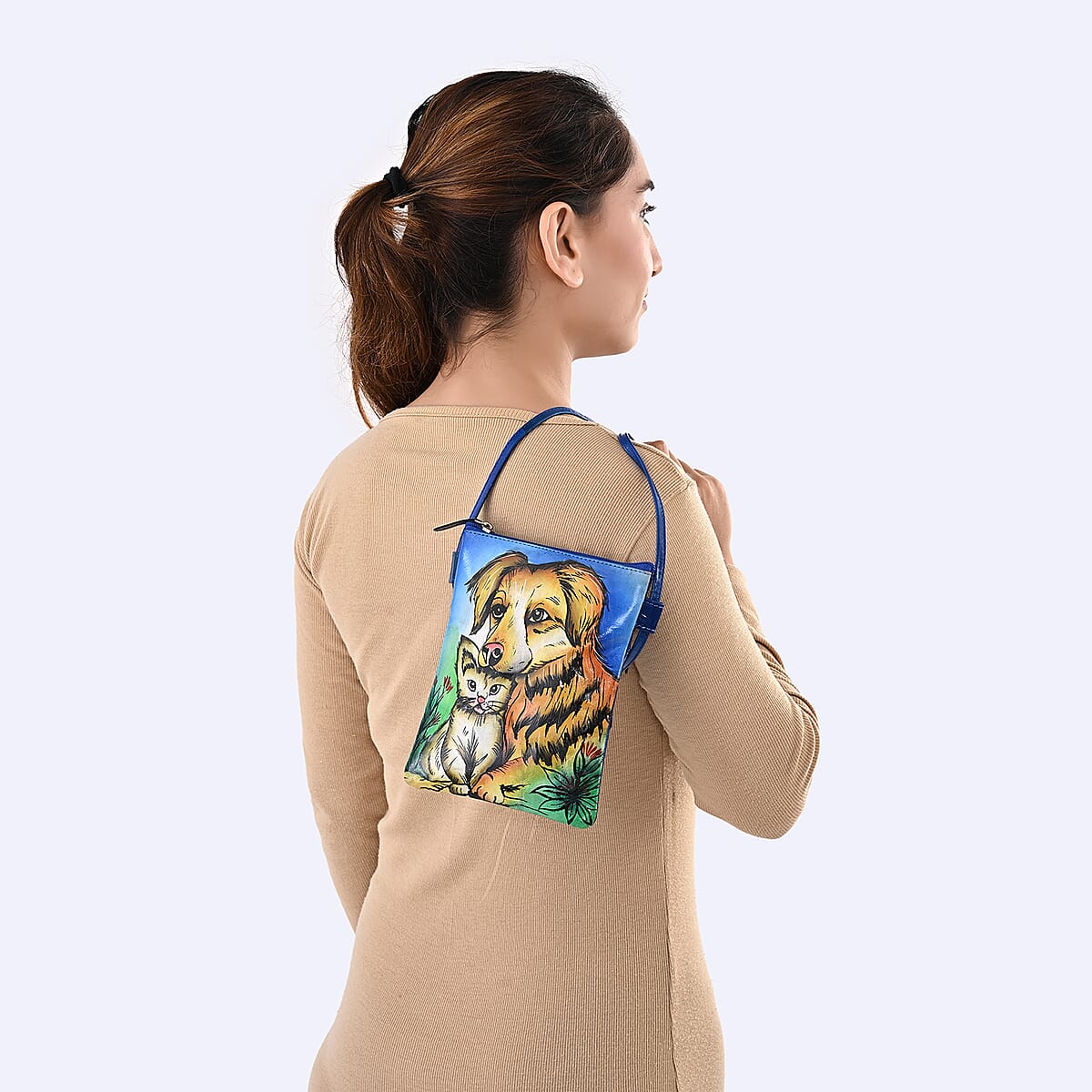 Vivid by Sukriti Blue Dog Pattern Hand Painted Genuine Leather Crossbody Bag image number 3