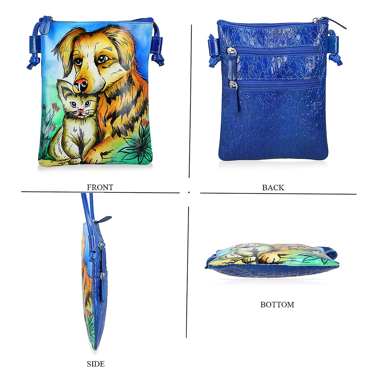Vivid by Sukriti Blue Dog Pattern Hand Painted Genuine Leather Crossbody Bag image number 4