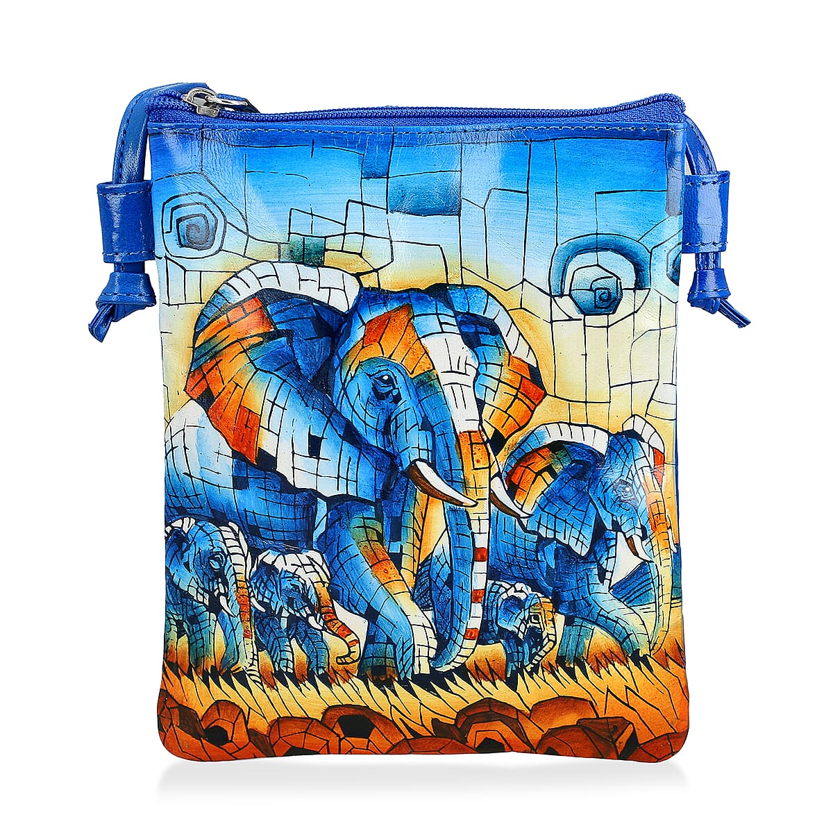 Vivid by Sukriti Blue Elephant Pattern Hand Painted Genuine Leather Crossbody Bag image number 0