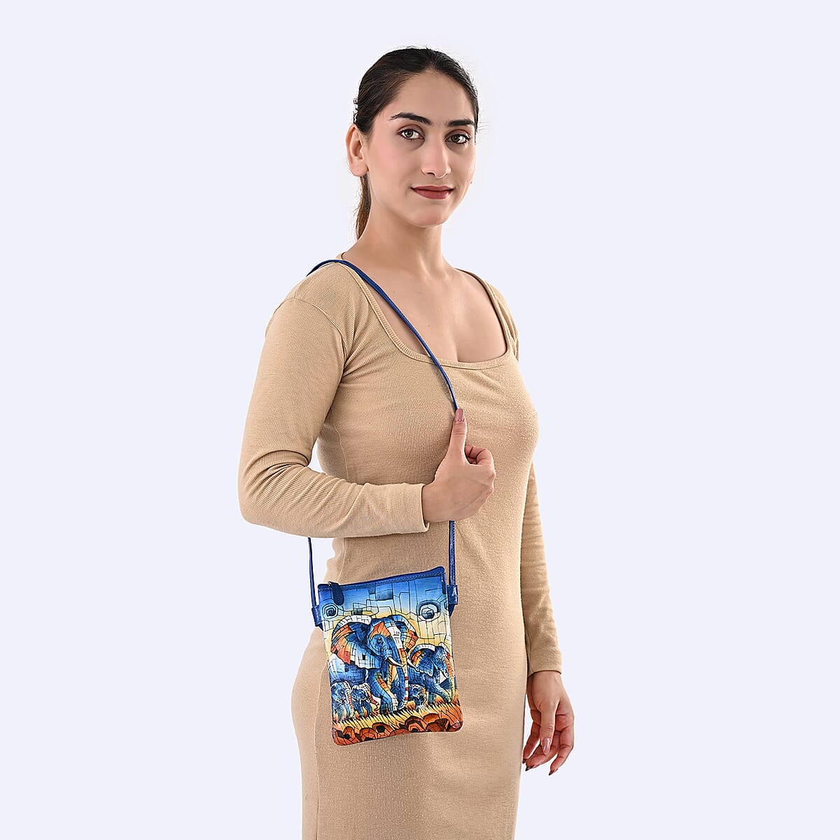Vivid by Sukriti Blue Elephant Pattern Hand Painted Genuine Leather Crossbody Bag image number 1