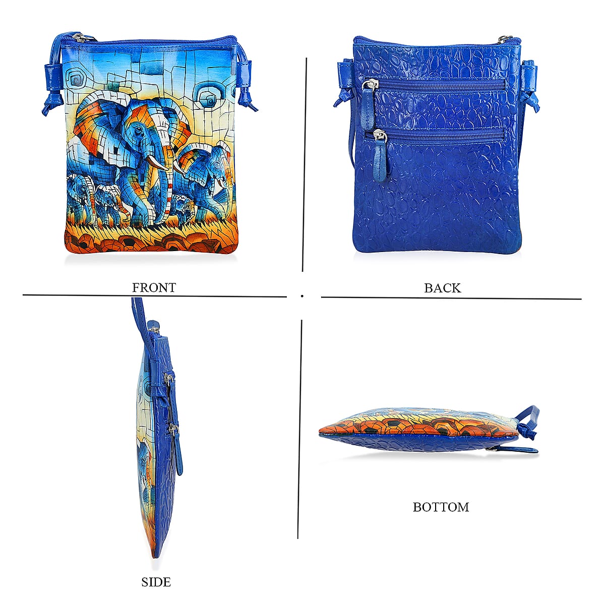 Vivid by Sukriti Blue Elephant Pattern Hand Painted Genuine Leather Crossbody Bag image number 4