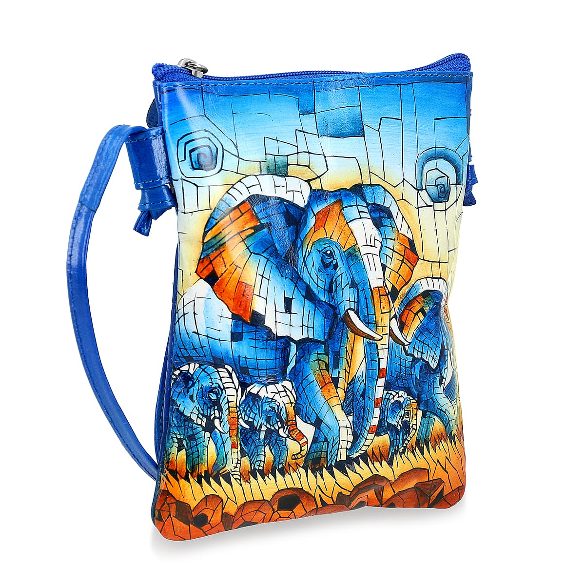 Vivid by Sukriti Blue Elephant Pattern Hand Painted Genuine Leather Crossbody Bag image number 5