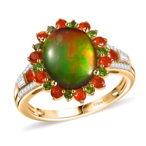 D'Joy Canadian Ammolite and Multi Gemstone 0.75 ctw Floral Ring in 18K Vermeil Yellow Gold Over Sterling Silver (Size 7.0) 