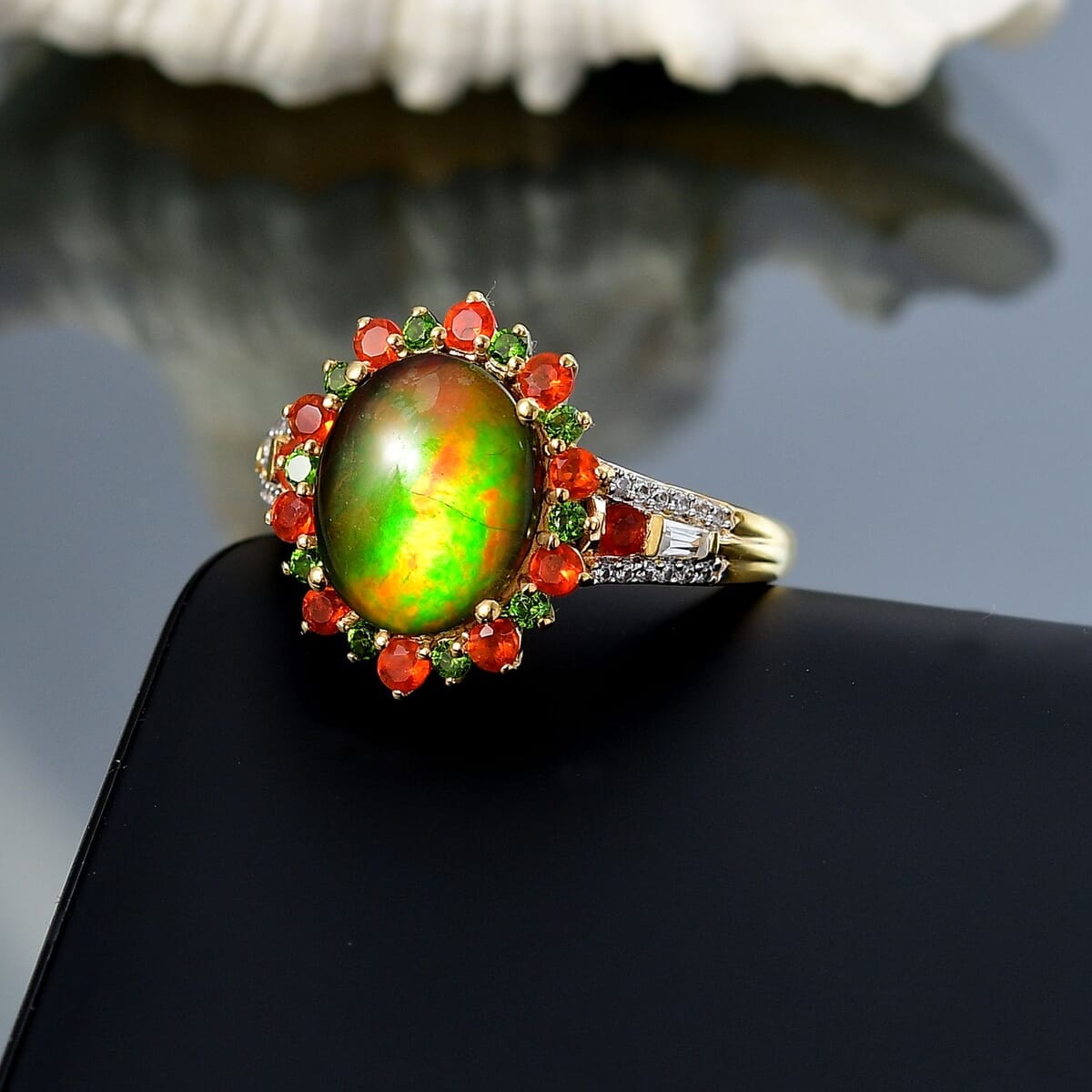 D'Joy Canadian Ammolite and Multi Gemstone 0.75 ctw Floral Ring in 18K Vermeil Yellow Gold Over Sterling Silver (Size 7.0)  image number 1