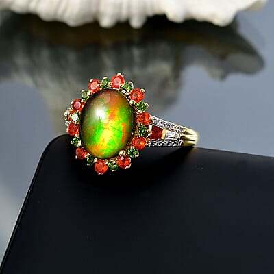 D'Joy Canadian Ammolite and Multi Gemstone 0.75 ctw Floral Ring in 18K Vermeil Yellow Gold Over Sterling Silver (Size 7.0)