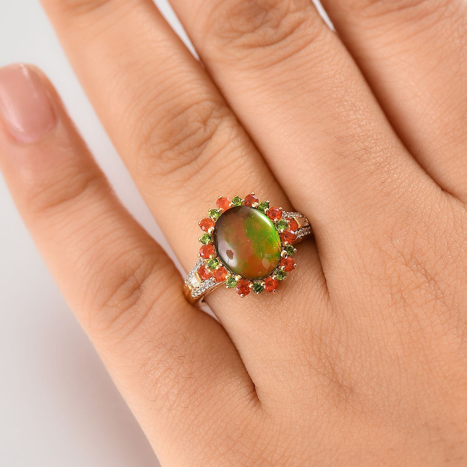 D'Joy Canadian Ammolite and Multi Gemstone 0.75 ctw Floral Ring in 18K Vermeil Yellow Gold Over Sterling Silver (Size 7.0)
