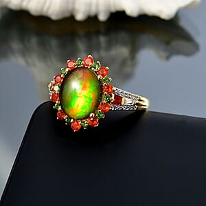 D'Joy Canadian Ammolite and Multi Gemstone 0.75 ctw Floral Ring in 18K Vermeil Yellow Gold Over Sterling Silver (Size 9.0) 