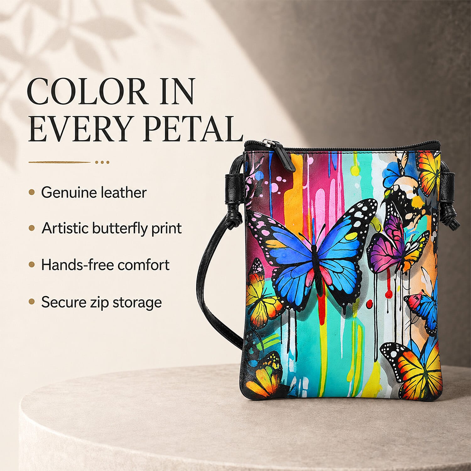 Vivid by Sukriti Black Butterfly Pattern Hand Painted Genuine Leather Crossbody Bag