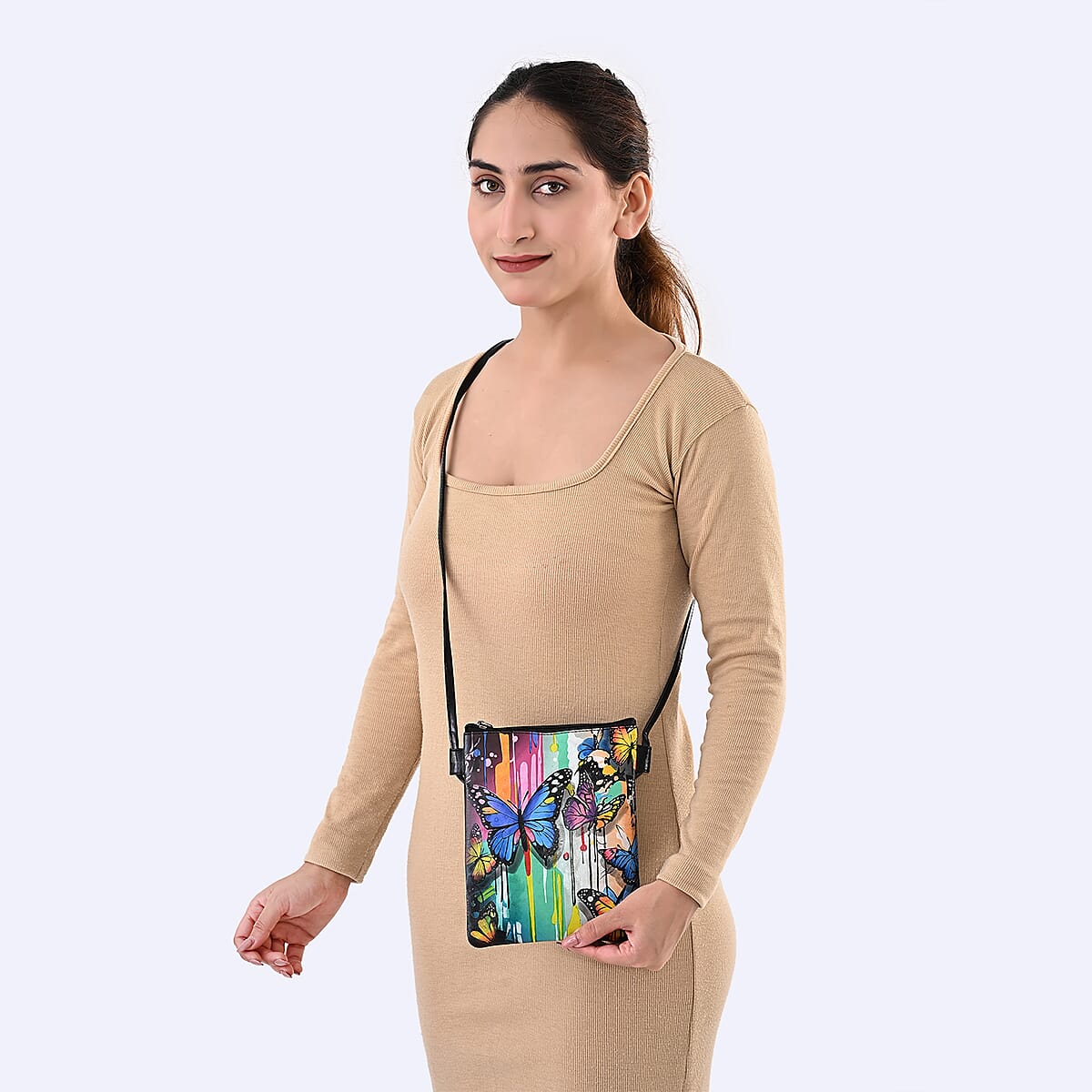 Vivid by Sukriti Black Butterfly Pattern Hand Painted Genuine Leather Crossbody Bag image number 2