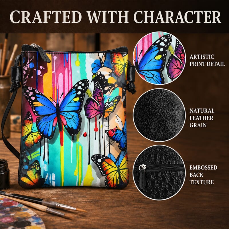 Vivid by Sukriti Black Butterfly Pattern Hand Painted Genuine Leather Crossbody Bag