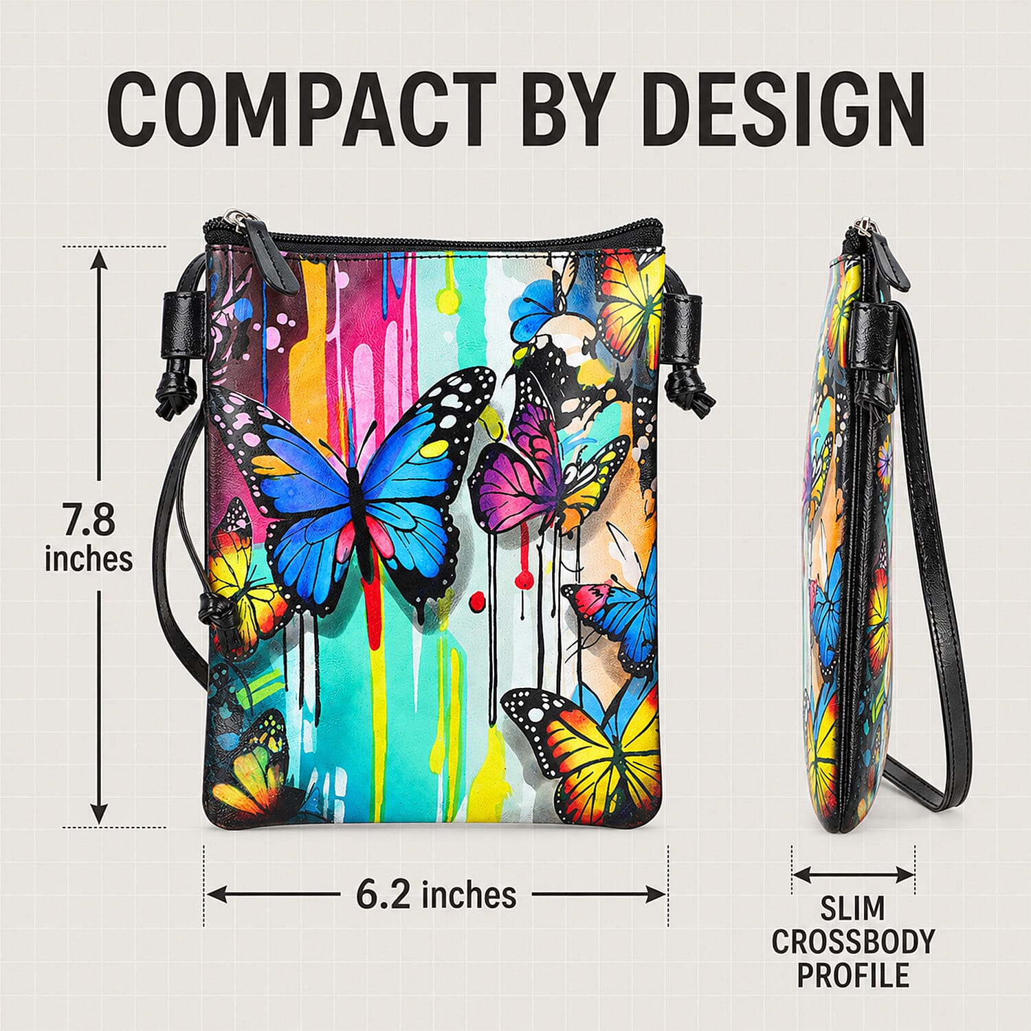 Vivid by Sukriti Black Butterfly Pattern Hand Painted Genuine Leather Crossbody Bag