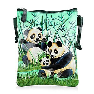 Vivid by Sukriti Green Panda Pattern Hand Painted Genuine Leather Crossbody Bag