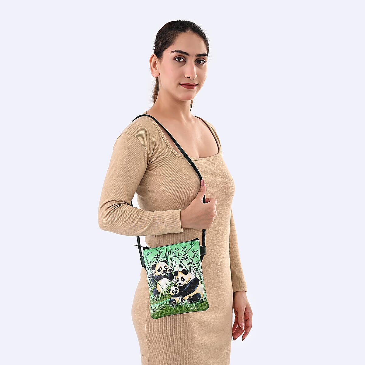 Vivid by Sukriti Green Panda Pattern Hand Painted Genuine Leather Crossbody Bag image number 1