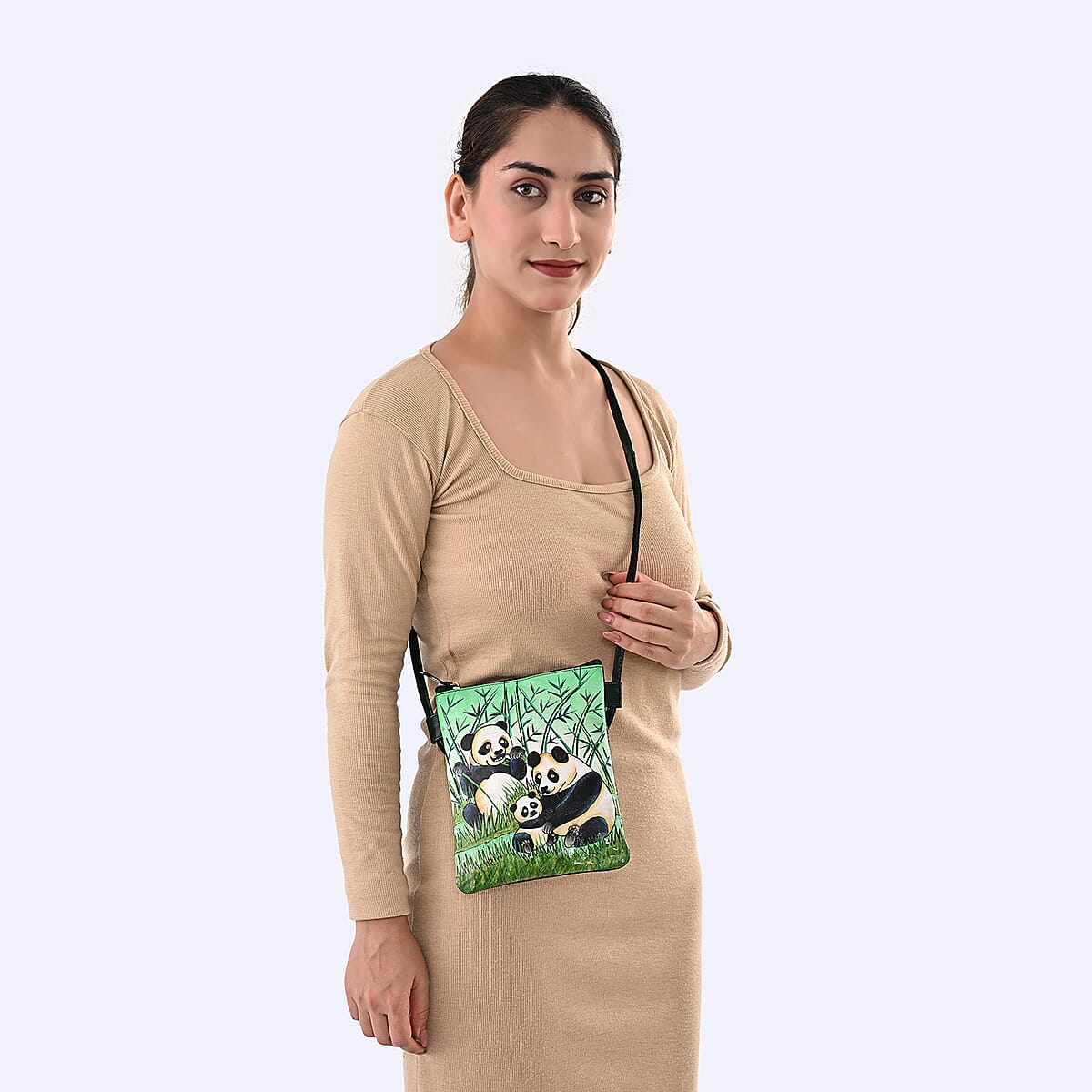 Vivid by Sukriti Green Panda Pattern Hand Painted Genuine Leather Crossbody Bag image number 2