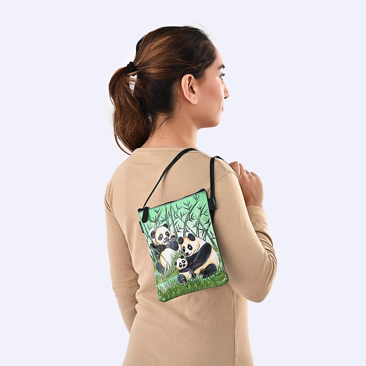 Vivid by Sukriti Green Panda Pattern Hand Painted Genuine Leather Crossbody Bag image number 3