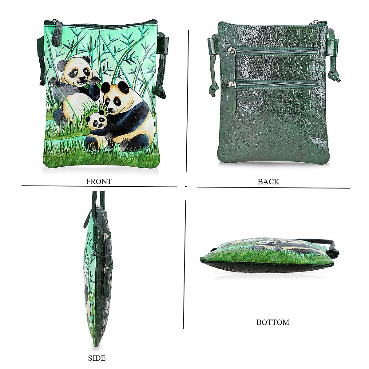 Vivid by Sukriti Green Panda Pattern Hand Painted Genuine Leather Crossbody Bag image number 4