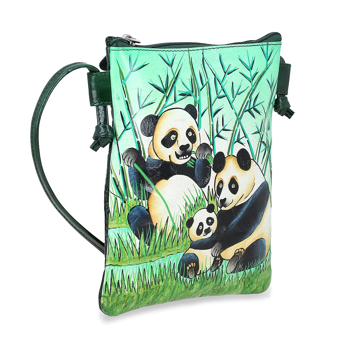 Vivid by Sukriti Green Panda Pattern Hand Painted Genuine Leather Crossbody Bag image number 5