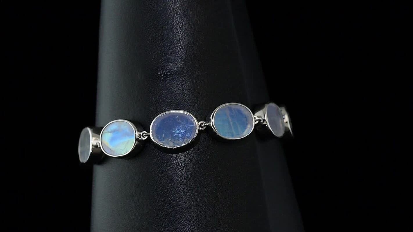 Premium Rainbow Moonstone 55.25 ctw Bracelet in Rhodium Over Sterling Silver (7.50 In)