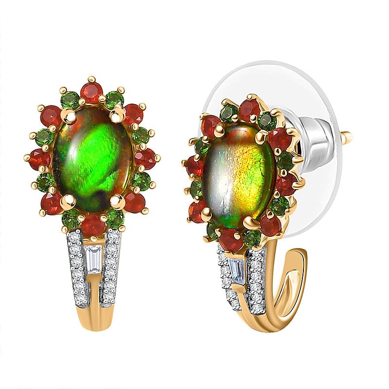 D'Joy Canadian Ammolite, Multi Gemstone 3.15 ctw Floral Earrings in 18K Vermeil Yellow Gold Over Sterling Silver
