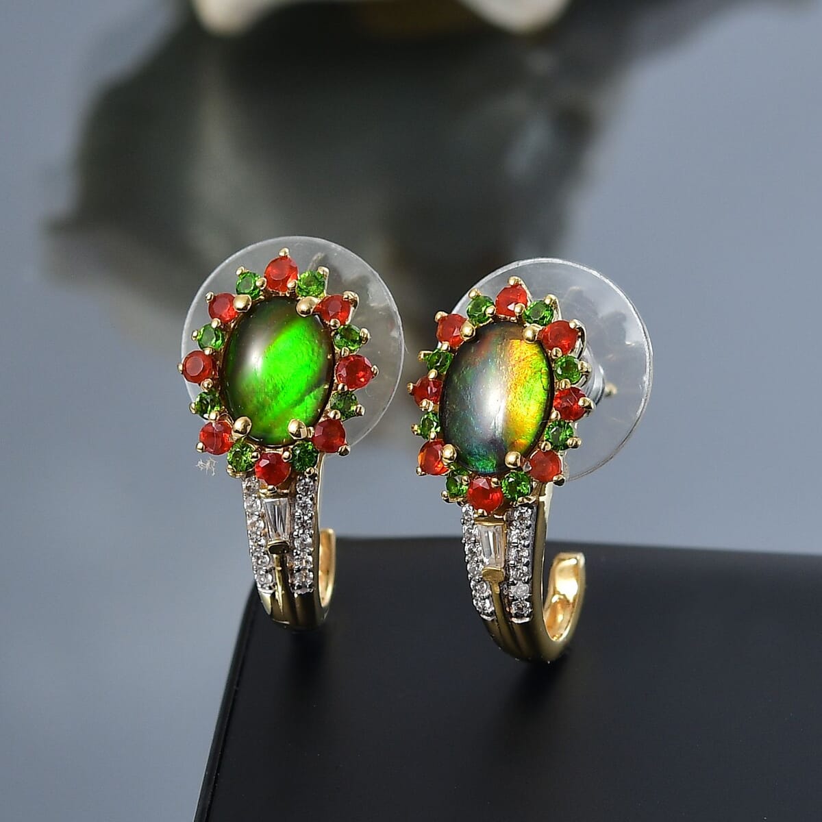 D'Joy Canadian Ammolite, Multi Gemstone 3.15 ctw Floral Earrings in 18K Vermeil Yellow Gold Over Sterling Silver image number 1