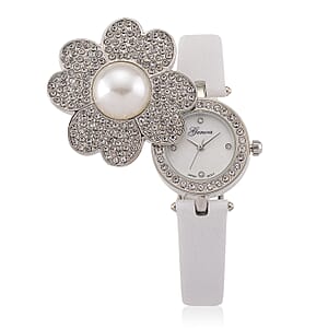 Genoa Austrian Crystal, Simulated Pearl Miyota Japanese Movement Watch in White Leather Strap