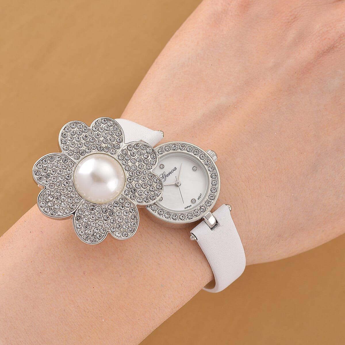 Genoa Austrian Crystal, Simulated Pearl Miyota Japanese Movement Watch in White Leather Strap image number 1