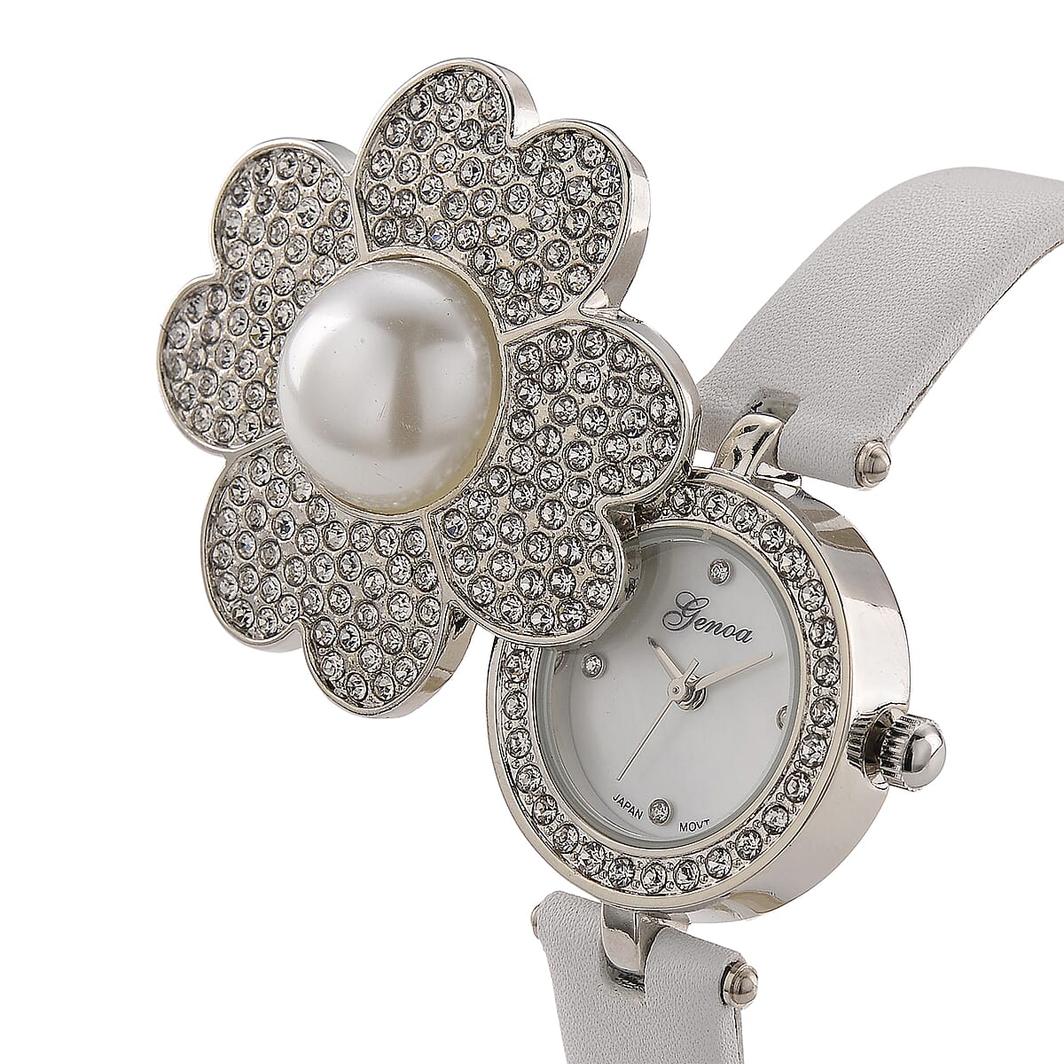 Genoa Austrian Crystal, Simulated Pearl Miyota Japanese Movement Watch in White Leather Strap image number 2