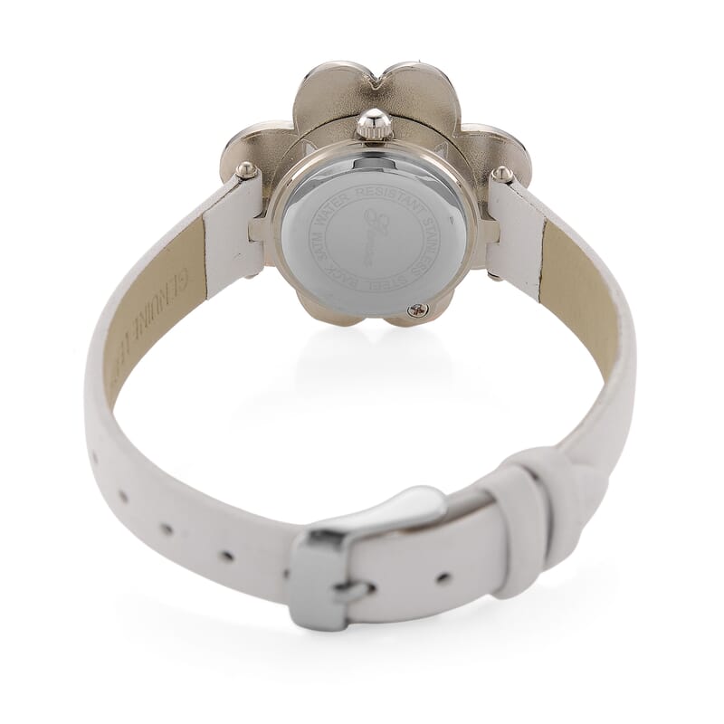 Genoa Austrian Crystal, Simulated Pearl Miyota Japanese Movement Watch in White Leather Strap