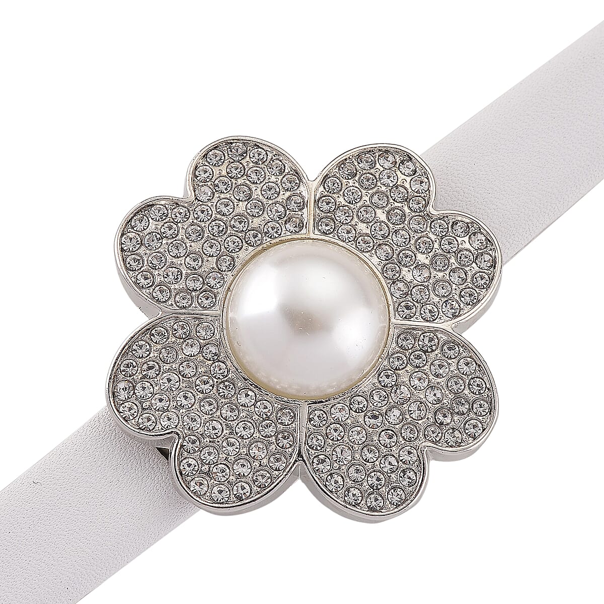 Genoa Austrian Crystal, Simulated Pearl Miyota Japanese Movement Watch in White Leather Strap image number 4