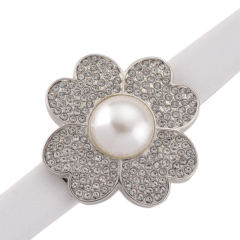 Genoa Austrian Crystal, Simulated Pearl Miyota Japanese Movement Watch in White Leather Strap