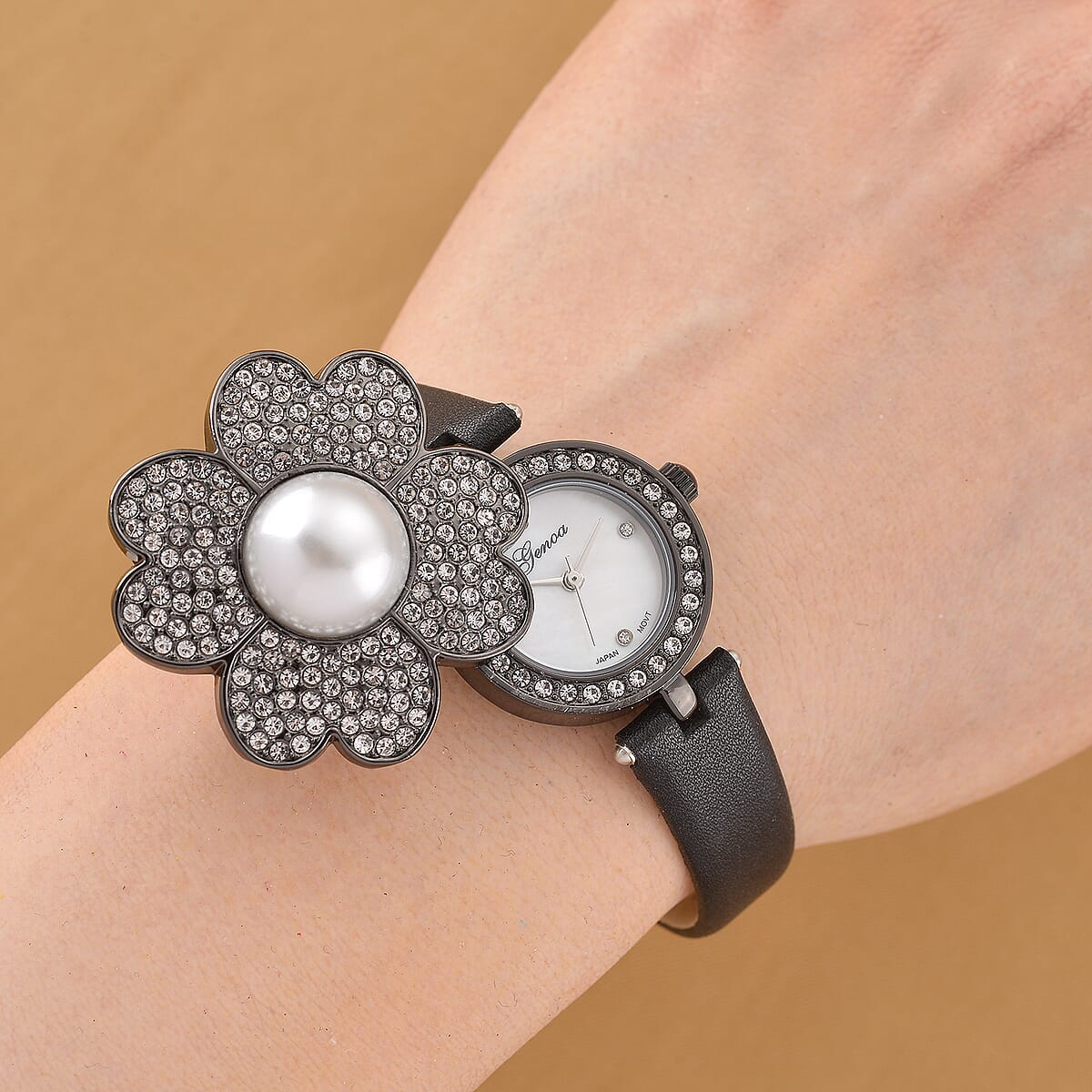 Genoa Austrian Crystal, Simulated Pearl Miyota Japanese Movement Watch in Black Leather Strap image number 1