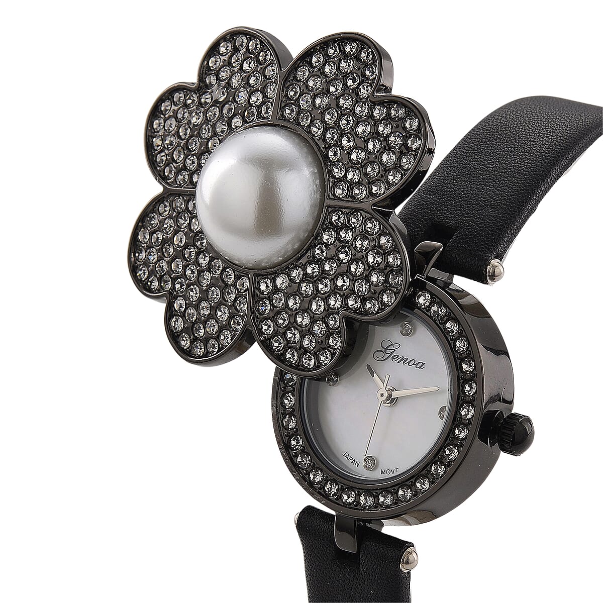 Genoa Austrian Crystal, Simulated Pearl Miyota Japanese Movement Watch in Black Leather Strap image number 2