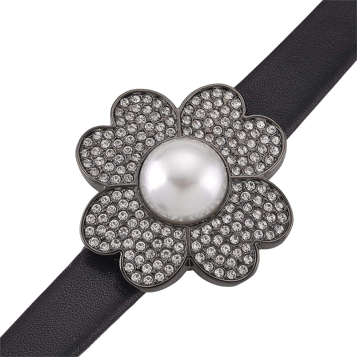 Genoa Austrian Crystal, Simulated Pearl Miyota Japanese Movement Watch in Black Leather Strap image number 4