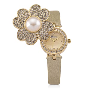 Genoa Austrian Crystal, Simulated Pearl Miyota Japanese Movement Watch in Golden Leather Strap