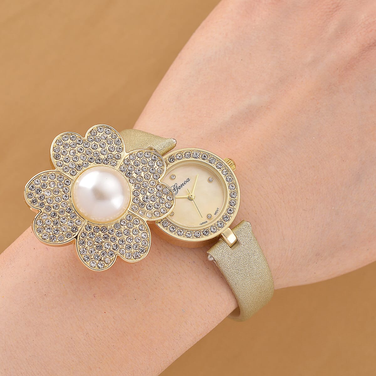 Genoa Austrian Crystal, Simulated Pearl Miyota Japanese Movement Watch in Golden Leather Strap image number 1