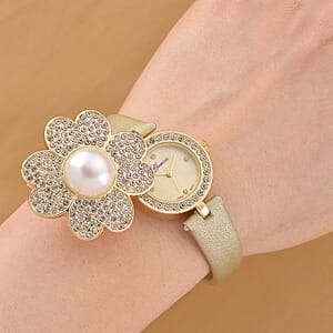 Genoa Austrian Crystal, Simulated Pearl Miyota Japanese Movement Watch in Golden Leather Strap
