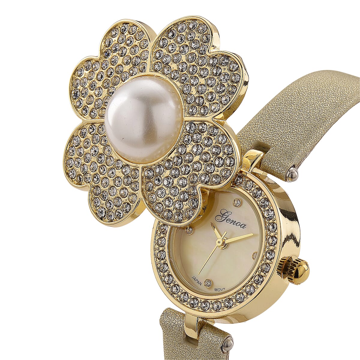 Genoa Austrian Crystal, Simulated Pearl Miyota Japanese Movement Watch in Golden Leather Strap image number 2