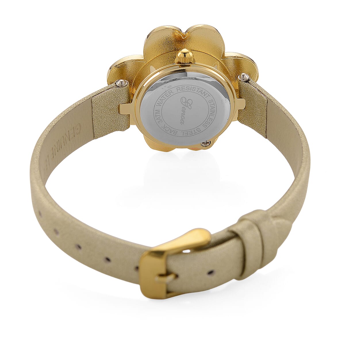 Genoa Austrian Crystal, Simulated Pearl Miyota Japanese Movement Watch in Golden Leather Strap image number 3