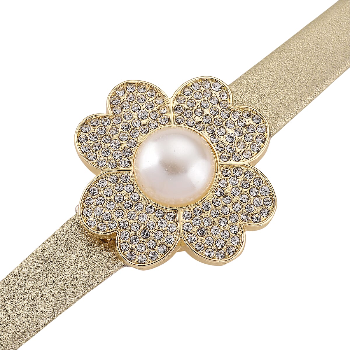 Genoa Austrian Crystal, Simulated Pearl Miyota Japanese Movement Watch in Golden Leather Strap image number 4