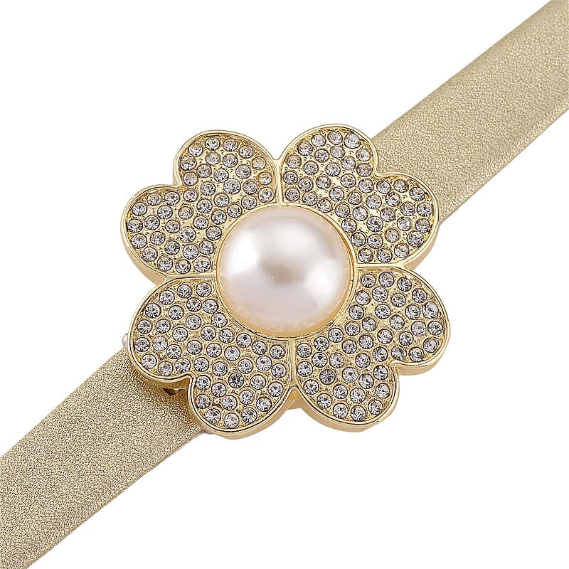 Genoa Austrian Crystal, Simulated Pearl Miyota Japanese Movement Watch in Golden Leather Strap
