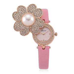 Genoa Austrian Crystal, Simulated Pearl Miyota Japanese Movement Watch in Pink Leather Strap