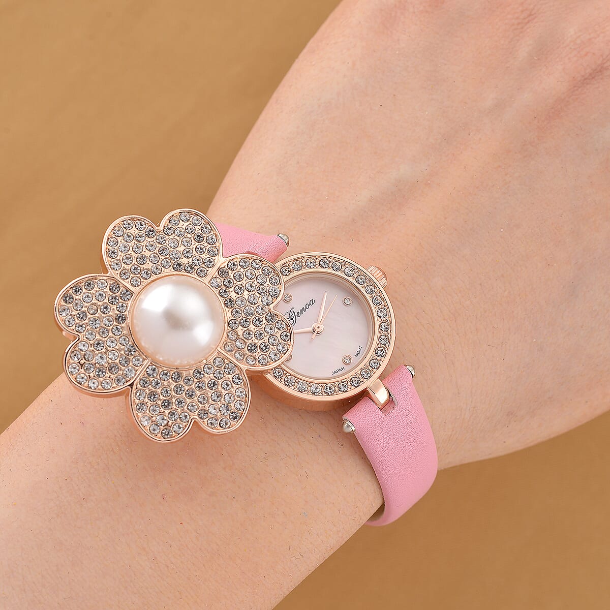 Genoa Austrian Crystal, Simulated Pearl Miyota Japanese Movement Watch in Pink Leather Strap image number 1